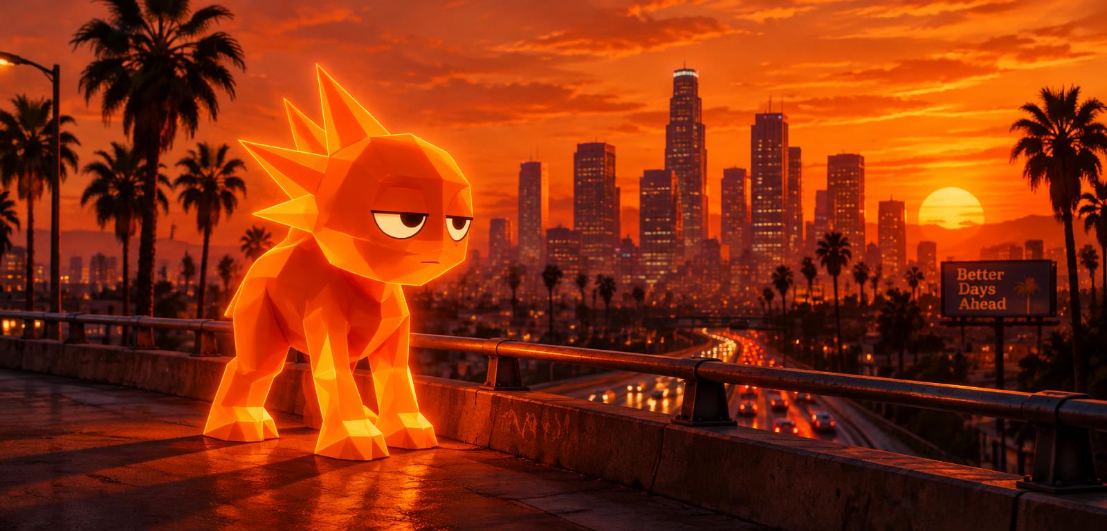 Blaze standing on a city overpass at sunset